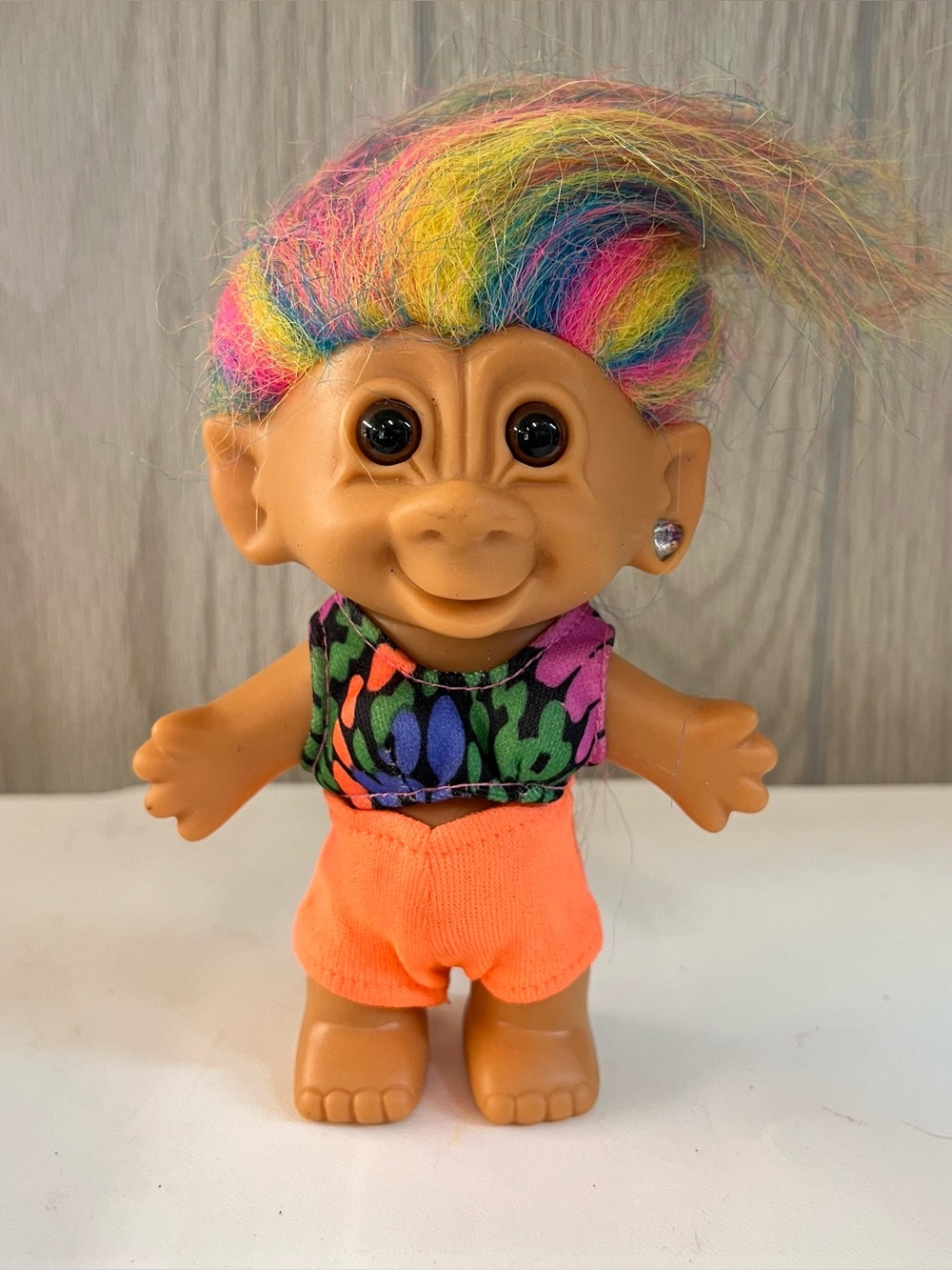 1990's Bright Of America 4.5" Rainbow Troll Doll Rhinestone Earring Neon Orange
